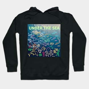 under the sea,blue sea,sea creatures,Turtle, puffer fish, starfish, shrimp, shark, tropical fish, sea horse, seaweed, sardines, squid, crabs, clams Hoodie